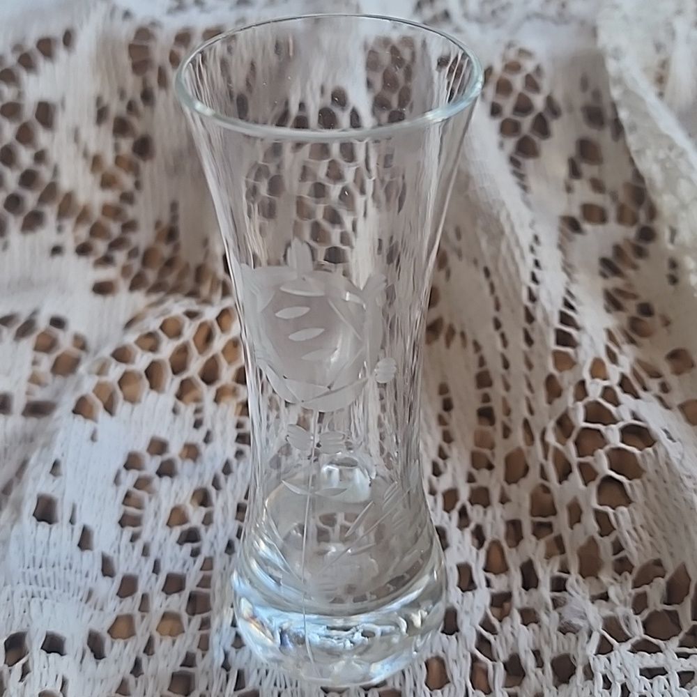 Vintage Floral Etched Glass Small Handled Bud Vase - Picture 1 of 8